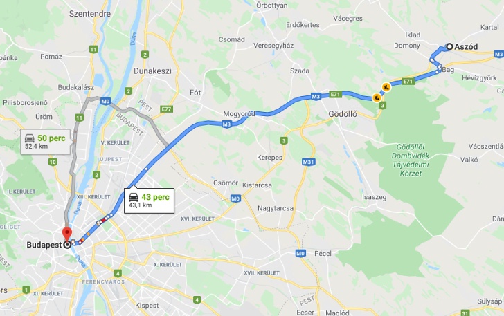 Aszód Budapest távolság térképe autóval