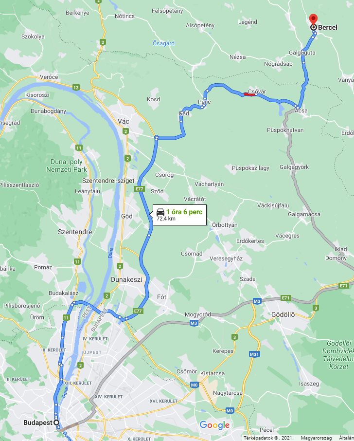 Bercel Budapest távolsága térképen autós úton