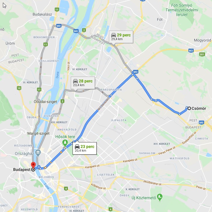 Csömör Budapest távolsága térképen autós úton