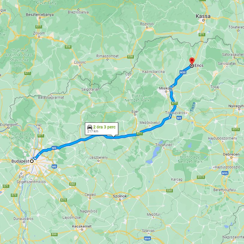 Encs Budapest távolsága térképen autós úton