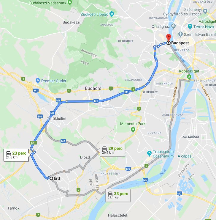 Érd Budapest távolsága térképen autós úton