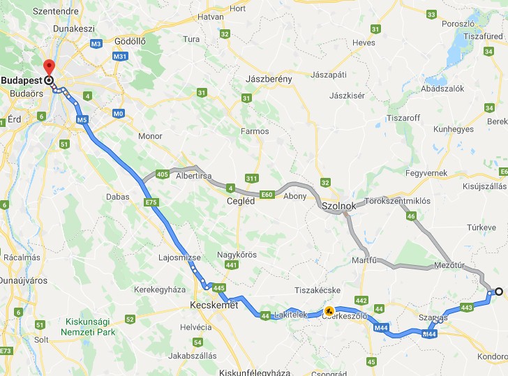 Gyomaendrőd Budapest távolsága térképen autós úton