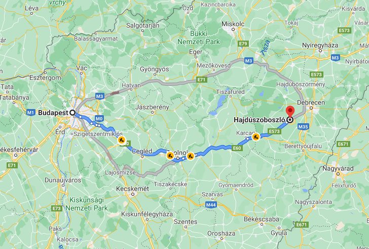 Hajdúszoboszló Budapest távolsága térképen autós úton