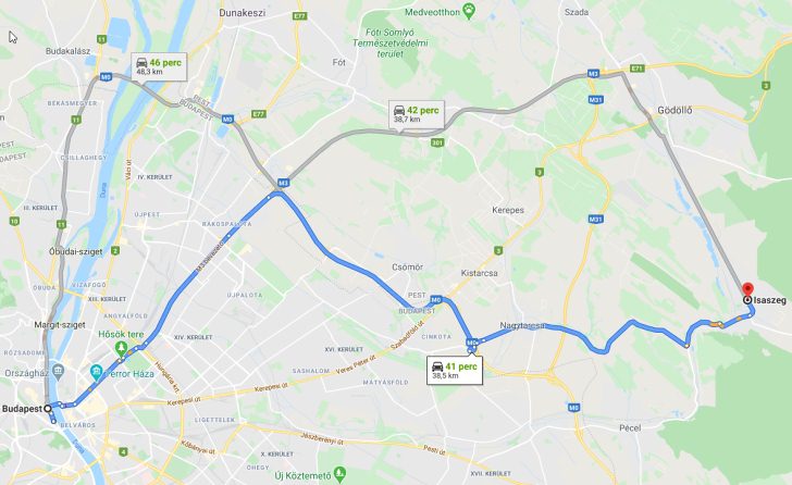 Isaszeg Budapest távolság térképe autóval