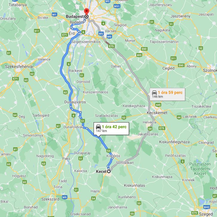 Kecel Budapest távolsága térképen autós úton