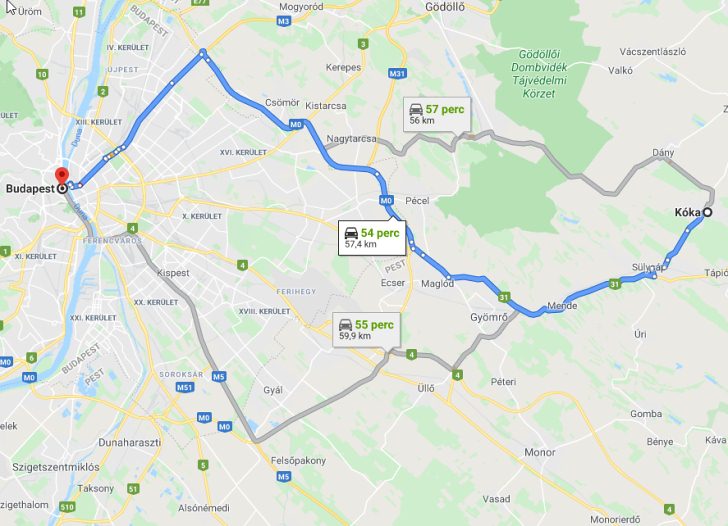 Kóka Budapest távolság térképe autóval