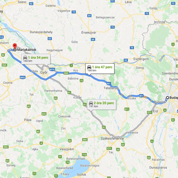 Máriakálnok Budapest távolság térképe autóval