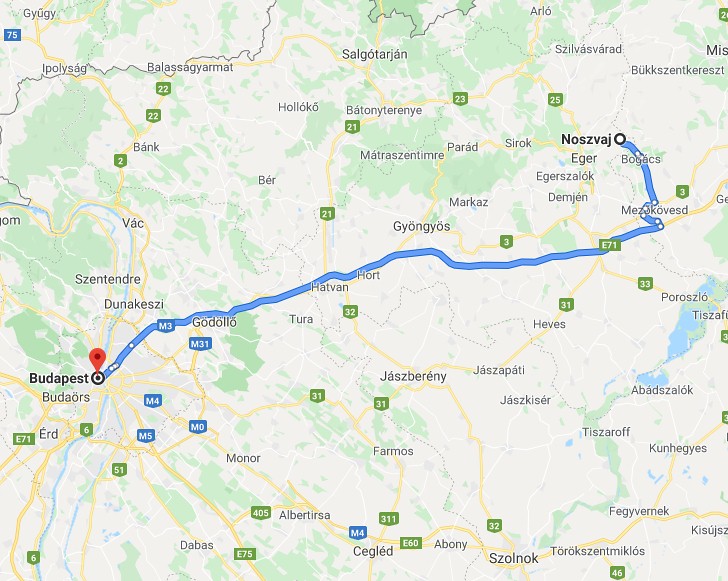Noszvaj Budapest távolság térképe autóval
