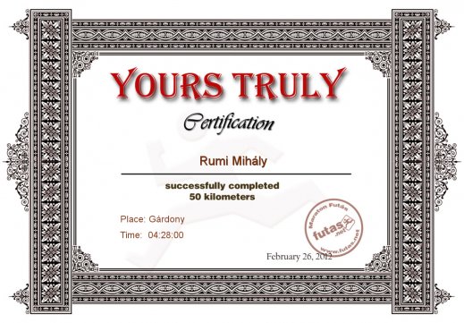 Yours Truly Hungary futás oklevél Rumi Mihály futónak