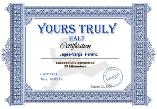 Yours Truly Hungary futás oklevél Jeges-Varga  Ferenc futónak