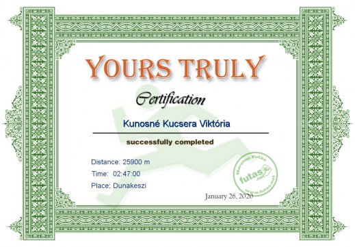 Yours Truly Hungary futás oklevél Kunosné Kucsera Viktória futónak